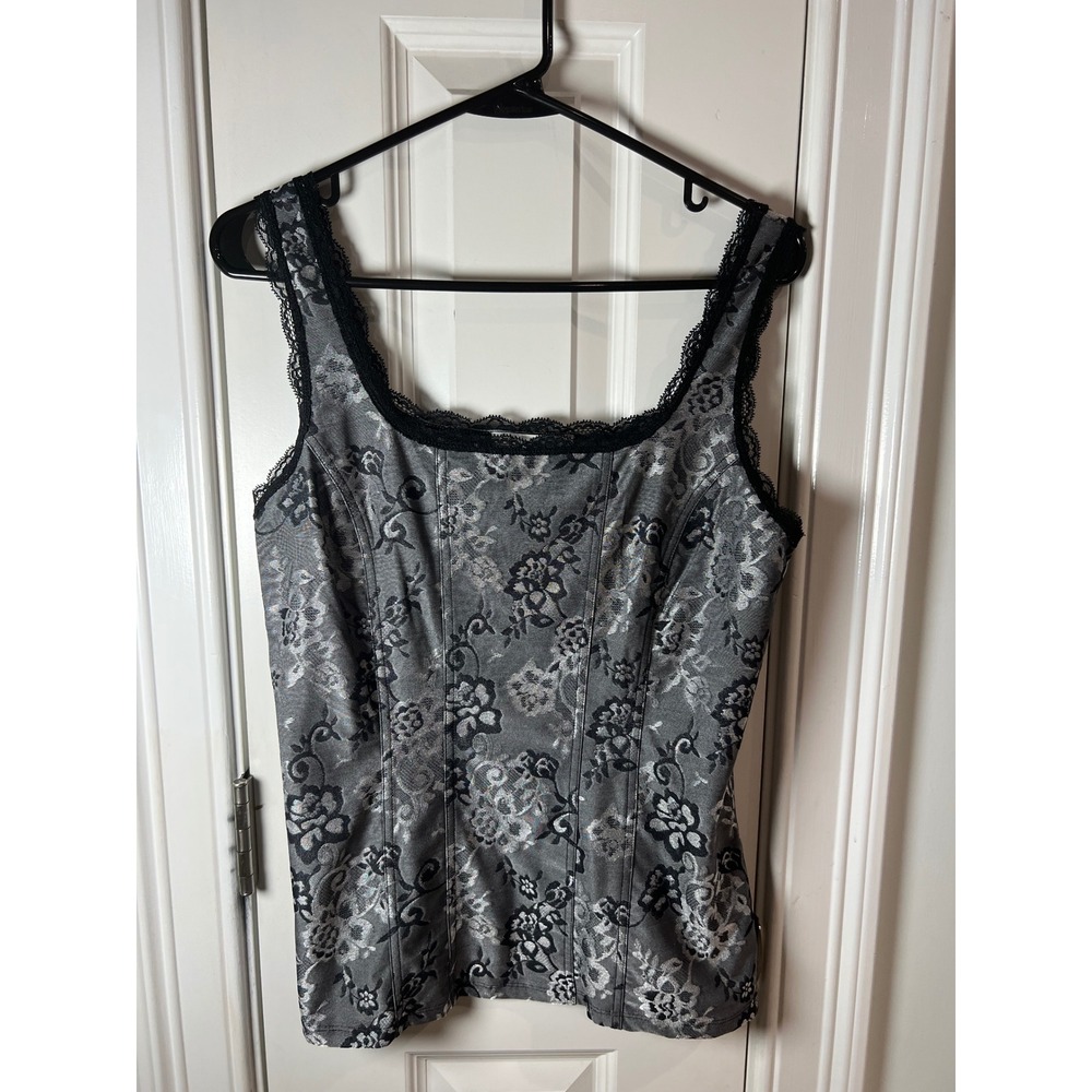 White House Black Market Silver Black Floral Brocade Lace Trim Corset Top M